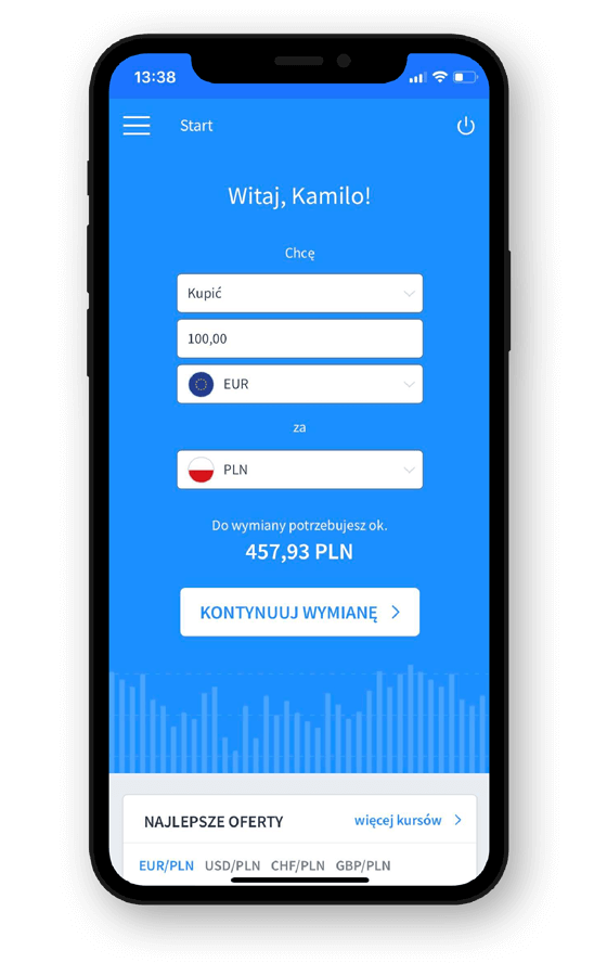 Mobile phone with Walutomat app opened.