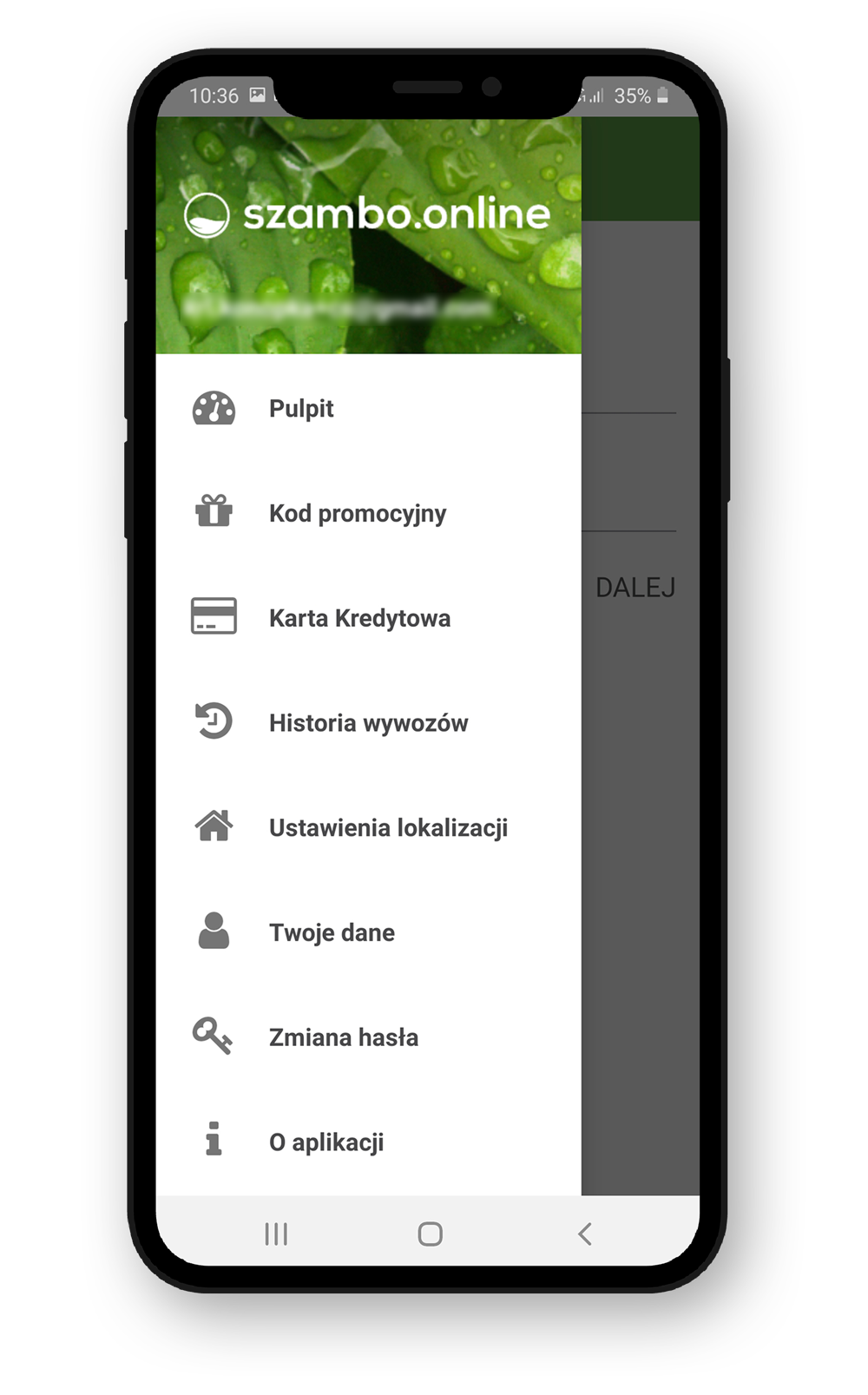 Szambo online web application menu on mobile phone